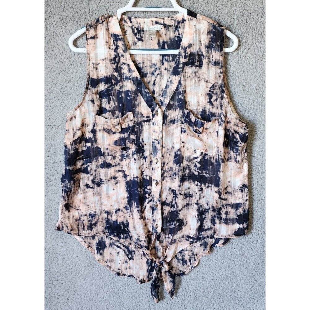 Vtg Cache Women's Sleeveless V Neck Button Up Blouse Top Tie Front Y2K Size XL